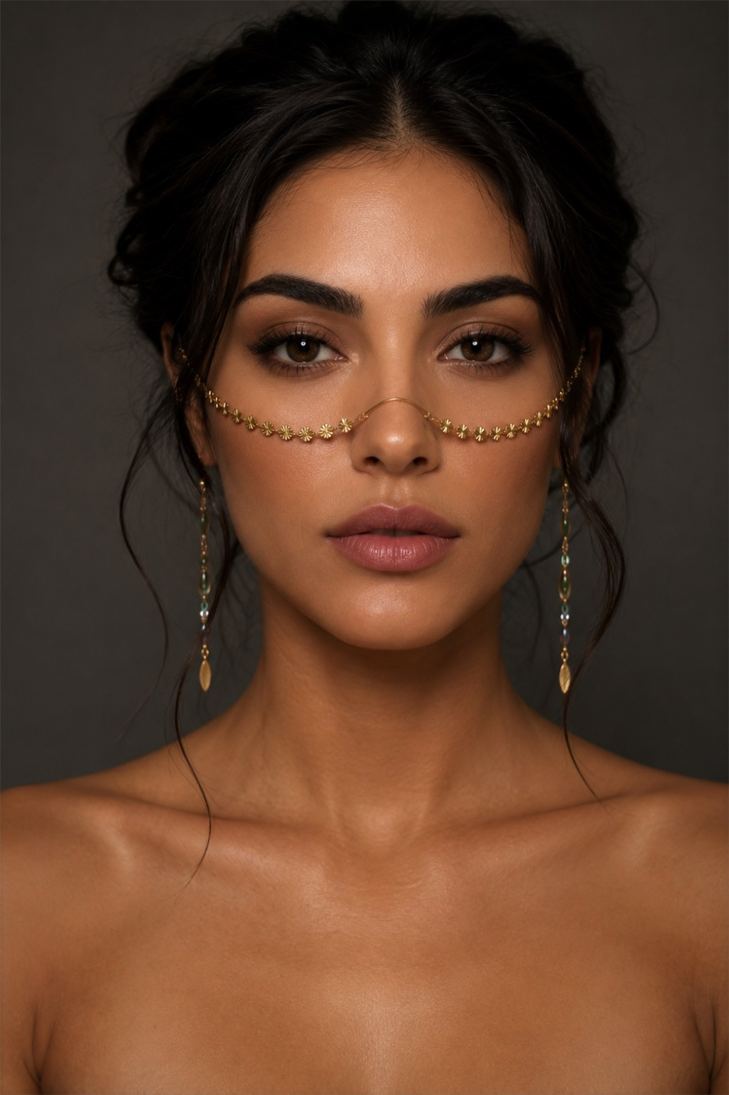 Sunburst Charm Face Chain with Beaded Drop Earrings – Gold